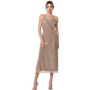 NWT CIEBON Kataline Sequin Sleeveless Midi Dress Tan GOLD Racerback Size SMALL